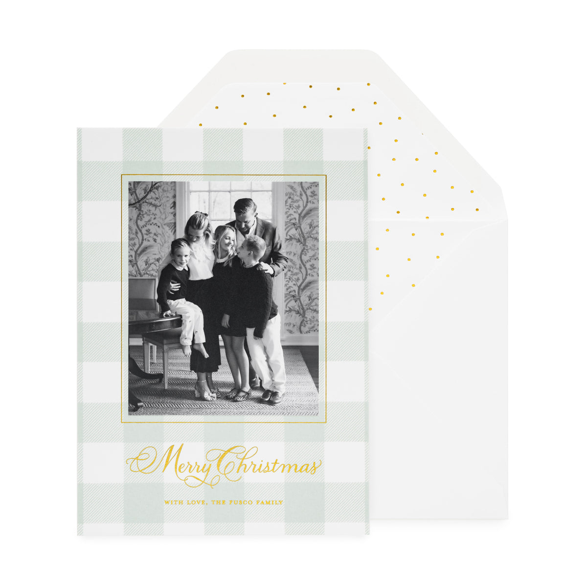 Green gingham custom holiday photo card with gold foil