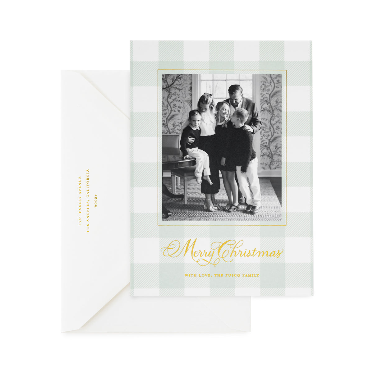 Green gingham custom holiday photo card with gold foil with envelope closed