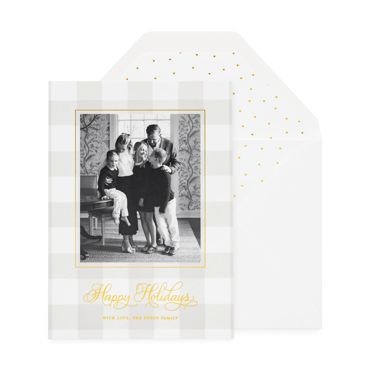 Grey gingham custom holiday photo card with gold foil