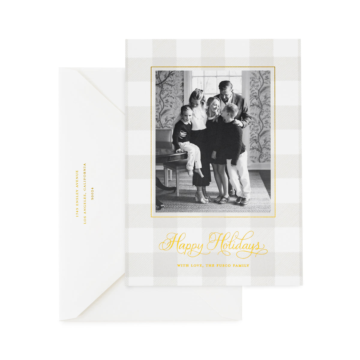 Green gingham custom holiday photo card with gold foil and envelope closed