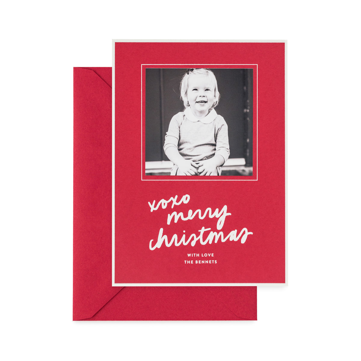 photo holiday card with white ink and border on red paper, red envelope