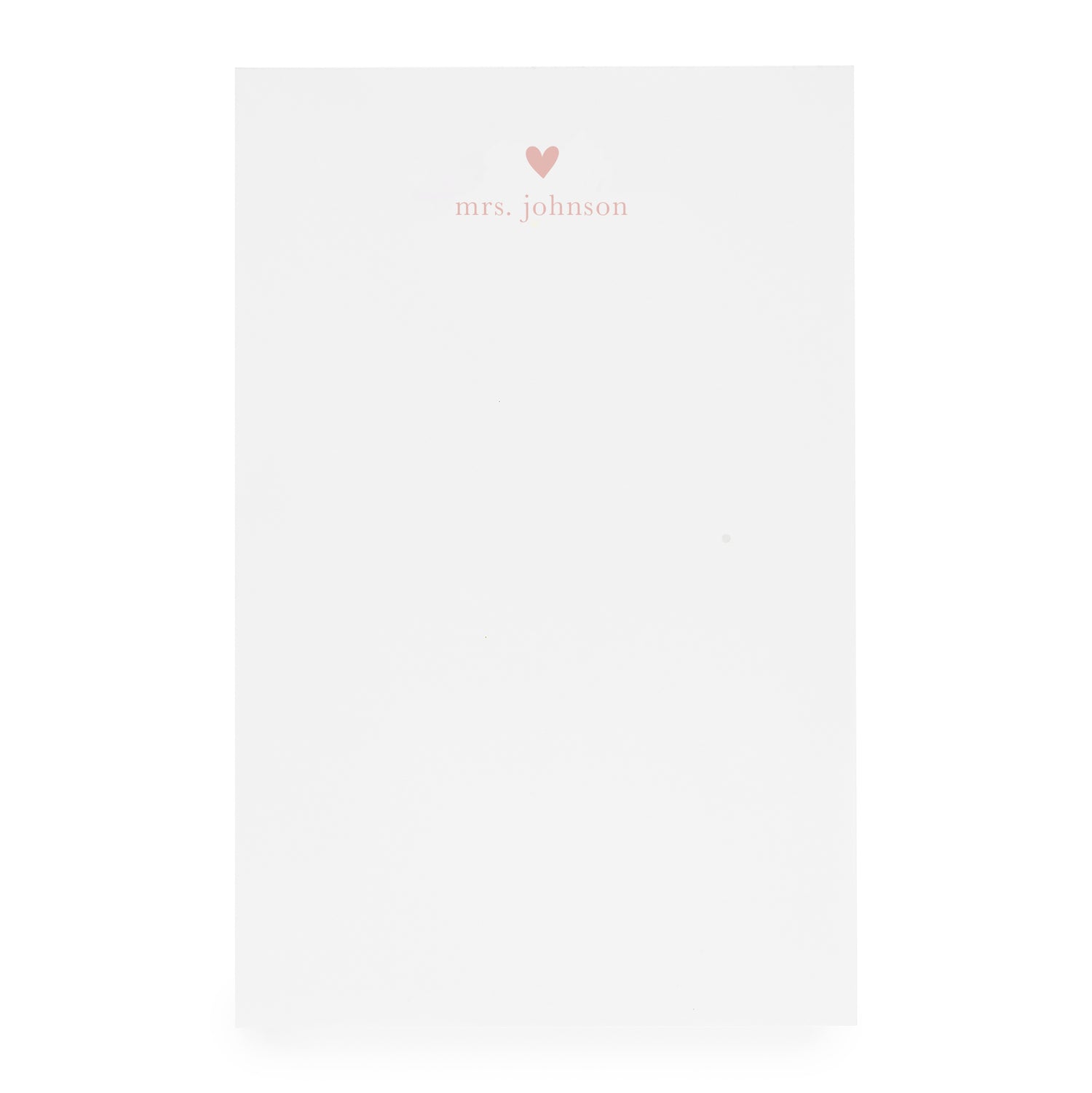 White notepad with heart and "mrs. johnson" printed in pink}