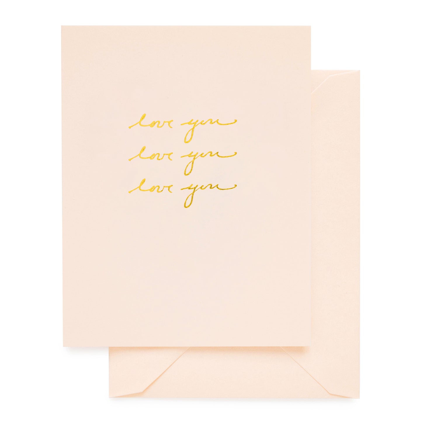 pale pink card with gold foil love you text, pale pink envelope