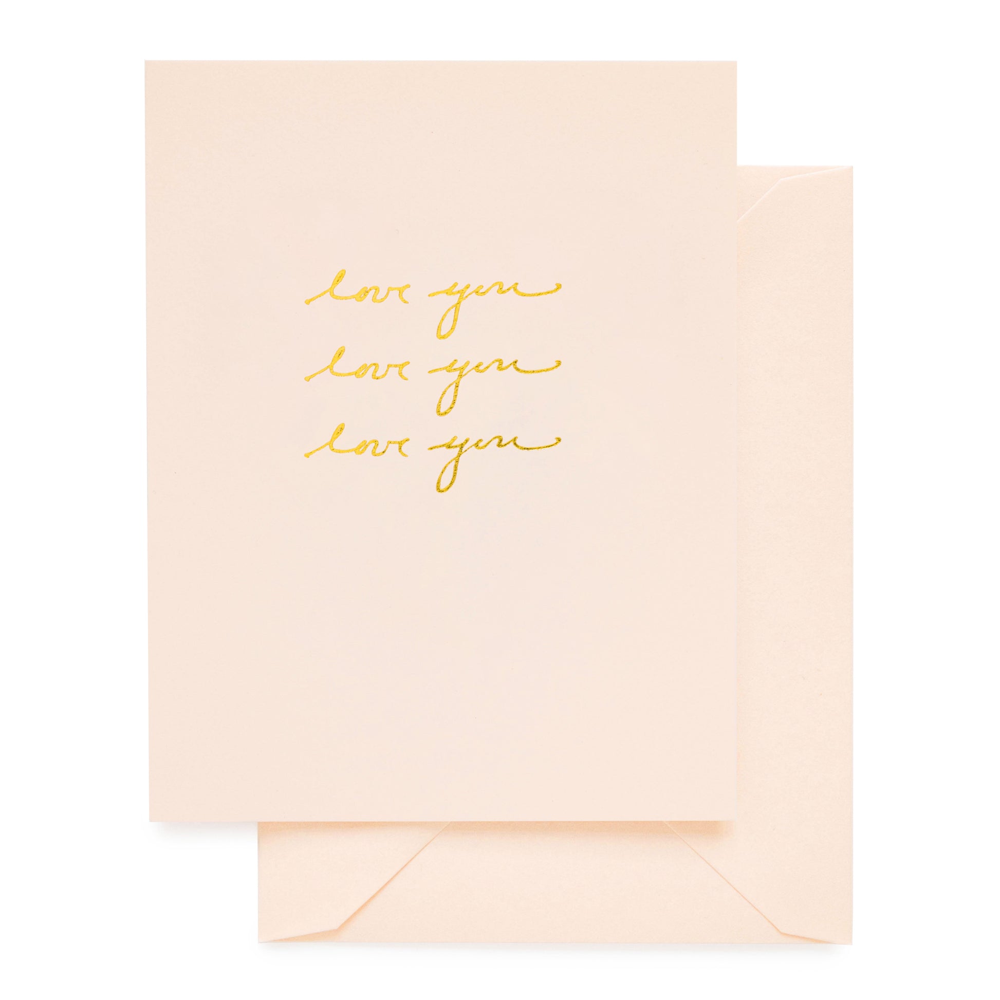 pale pink card with gold foil love you text, pale pink envelope