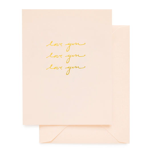 pale pink card with gold foil love you text, pale pink envelope