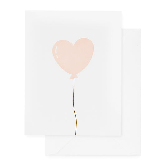 white card with pink and gold heart balloon, white envelope