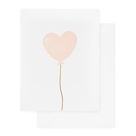 white card with pink and gold heart balloon, white envelope