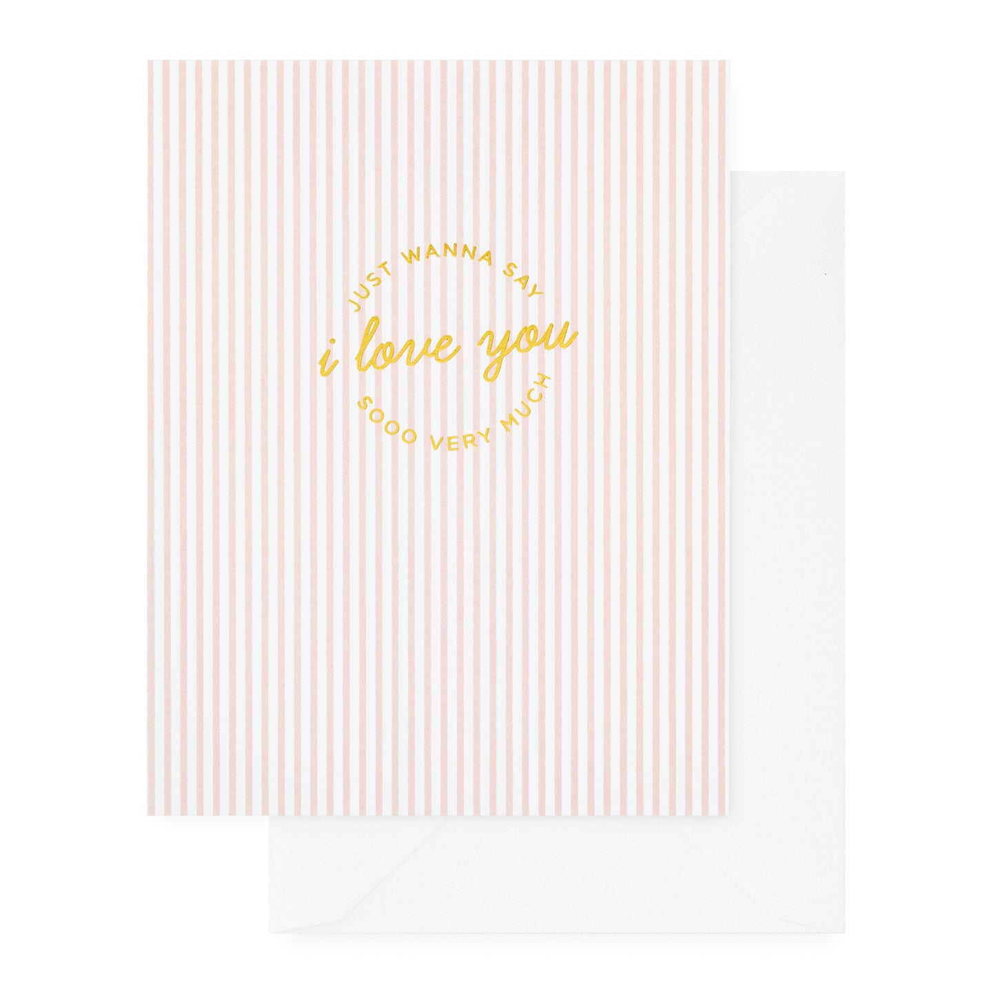 folded pink and white striped card with gold text