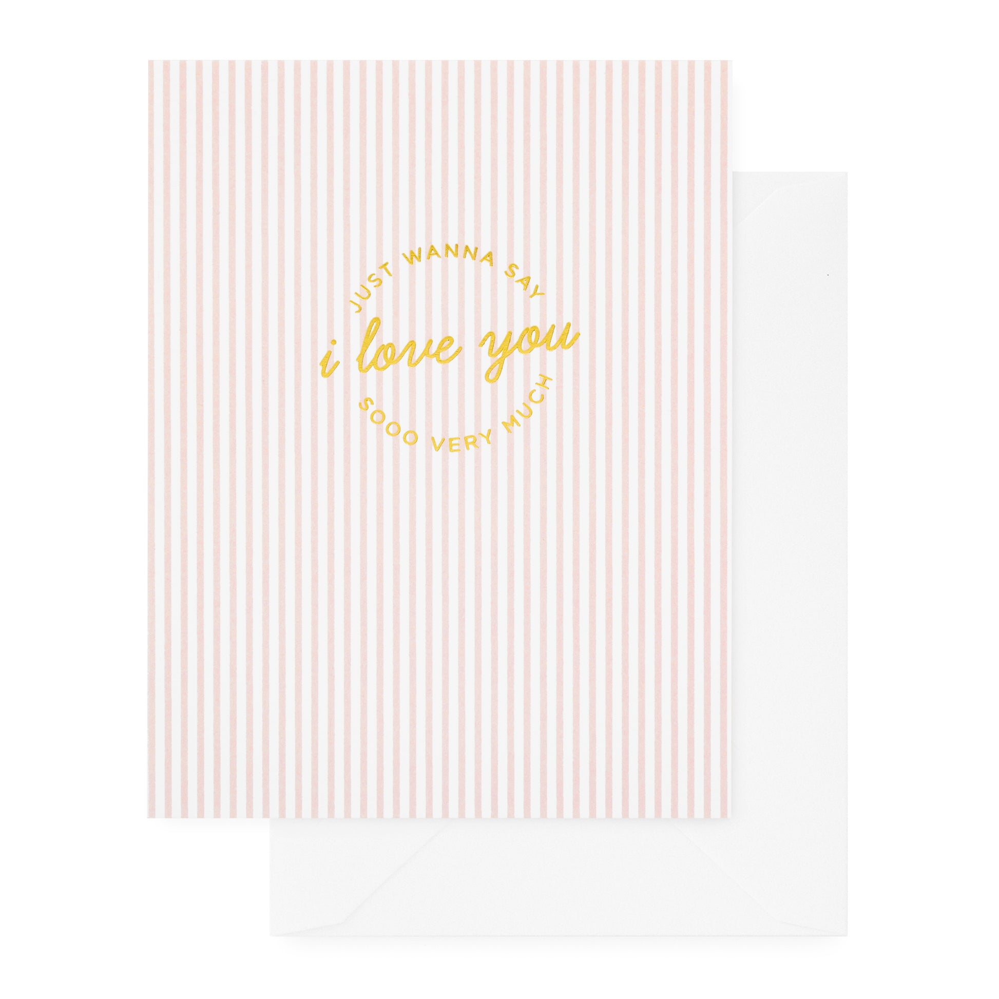 folded pink and white striped card with gold text