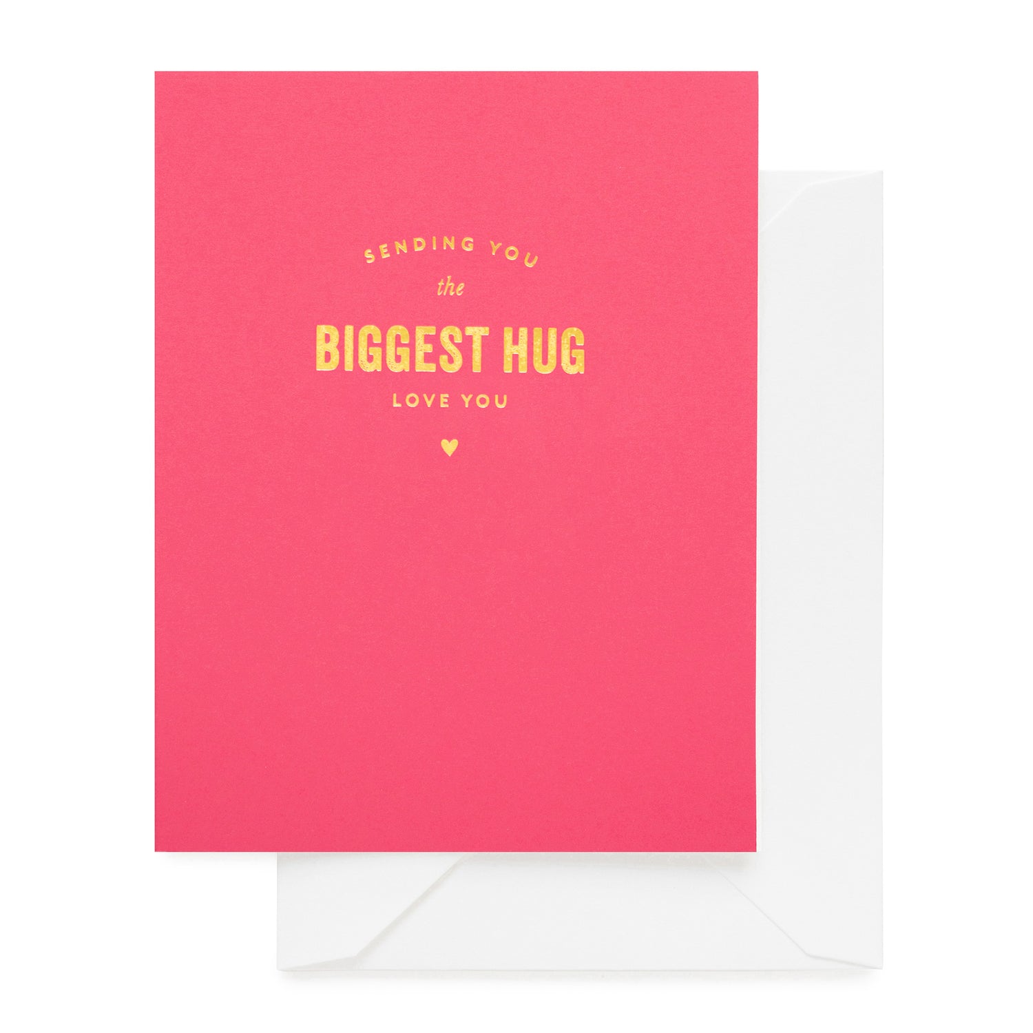 Pink card with yellow text 'Sending you the biggest hug, love you' paired with a white envelope}