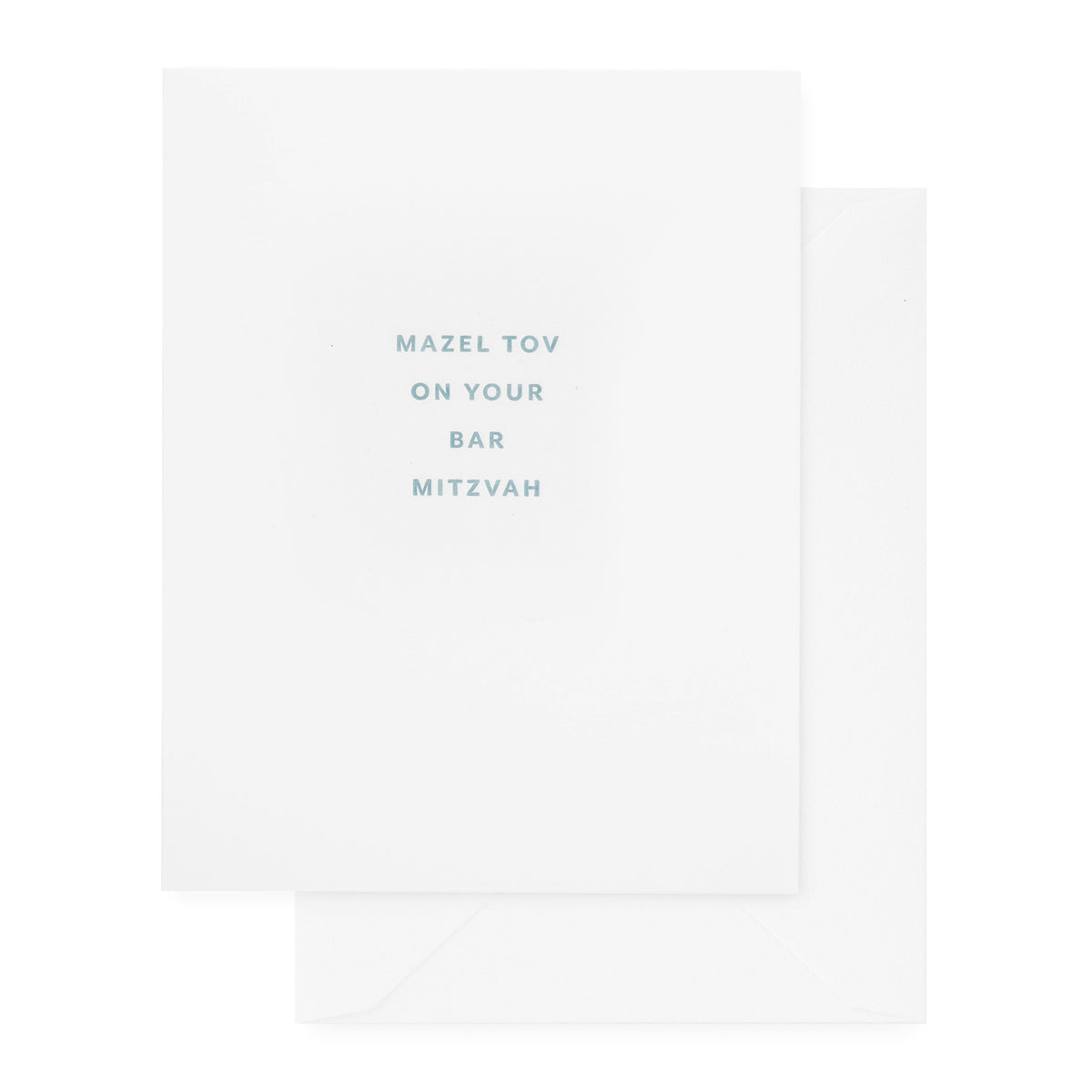 white bar mitzvah card with slate blue text and white envelope