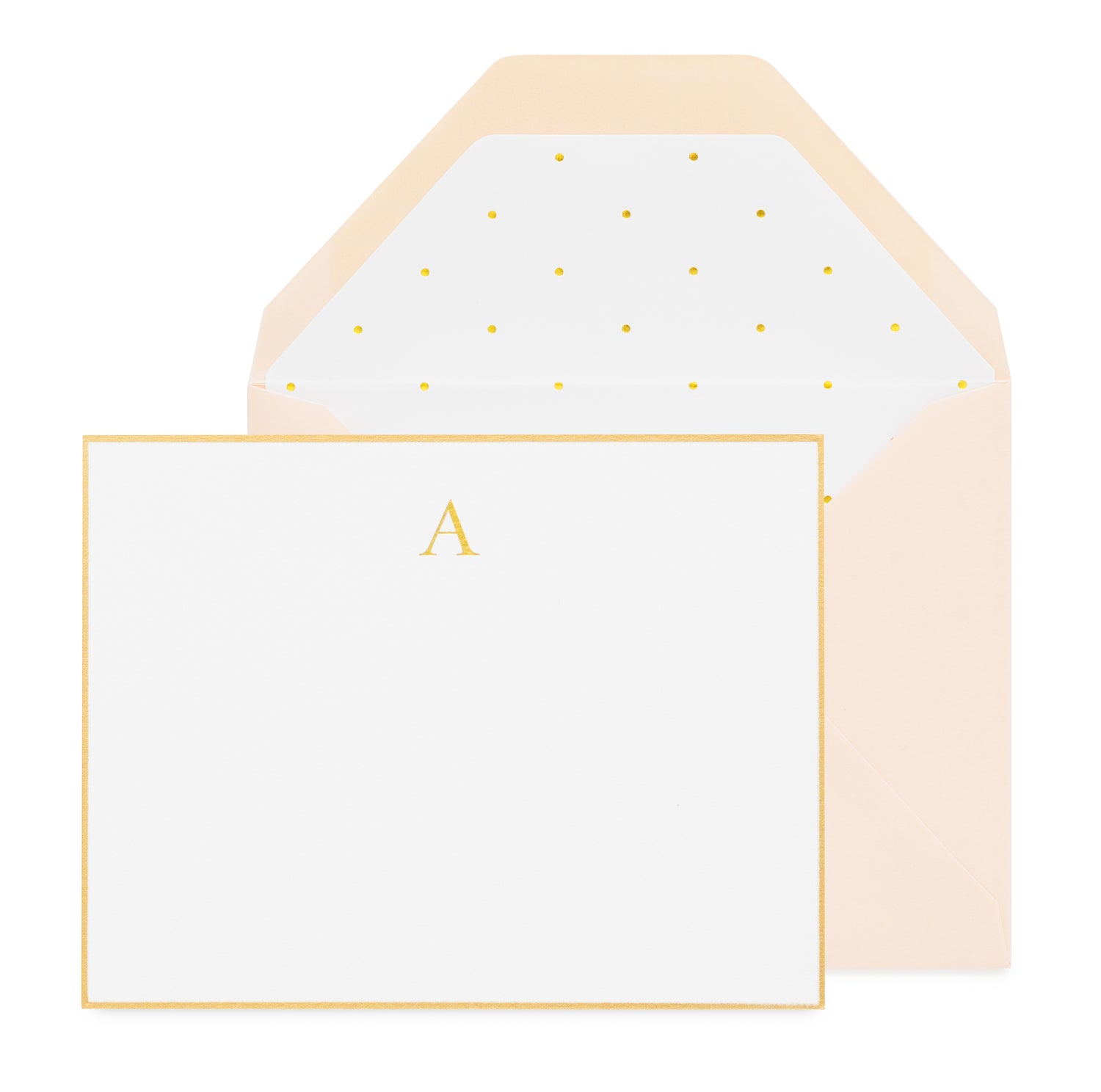 Flat white note card with gold hand painted border with "a" initial with a pink envelope with a white and gold foil dot envelope liner}