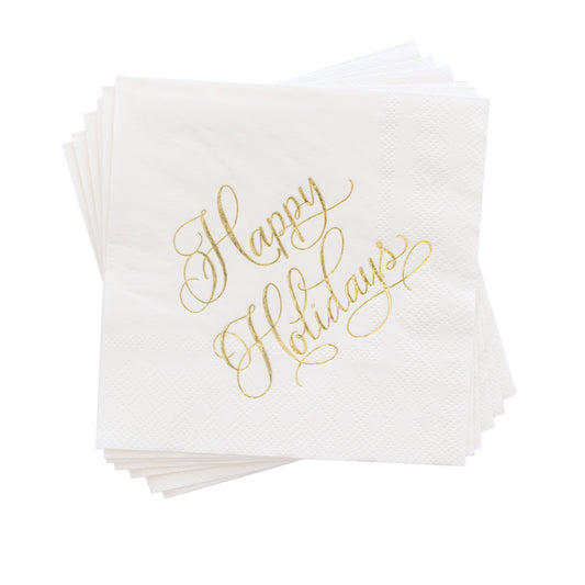 White cocktail napkins with gold foil happy holidays