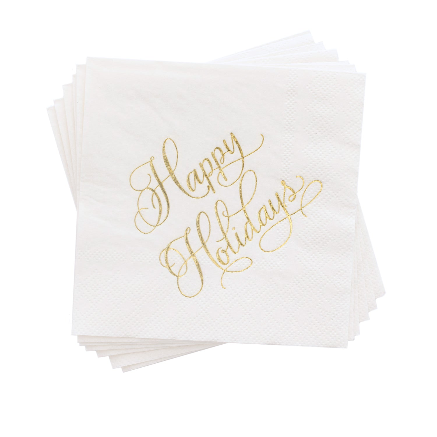 White cocktail napkins with gold foil happy holidays}