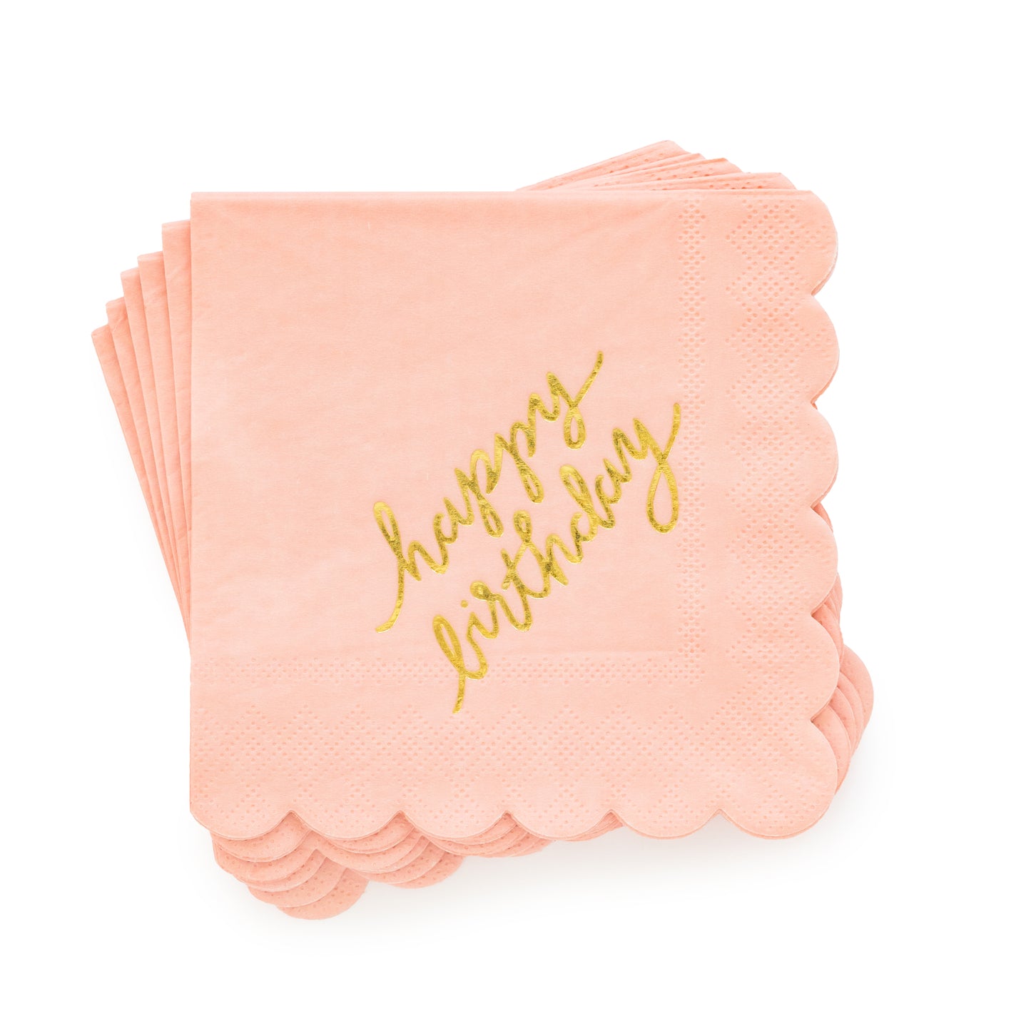 Pale pink scalloped edge cocktail napkins with gold foil happy birthday