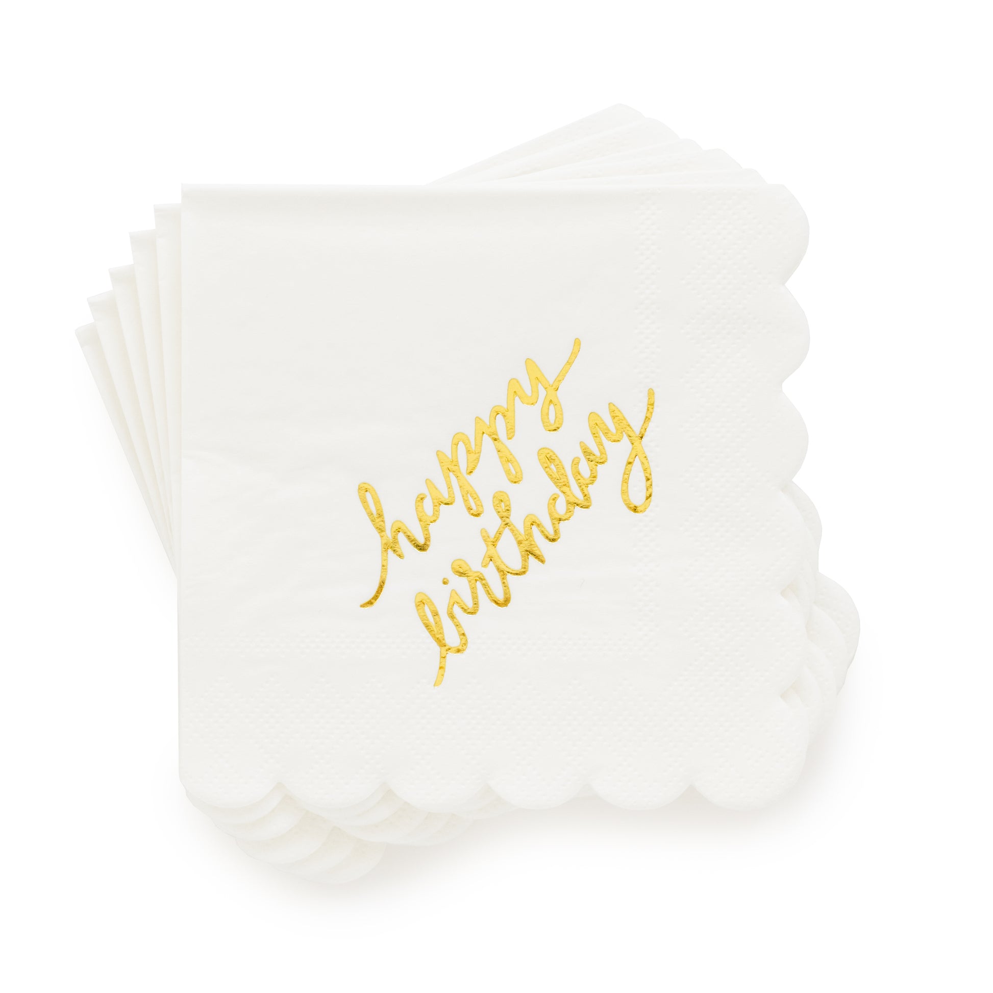 White scalloped paper napkin with gold foil happy birthday