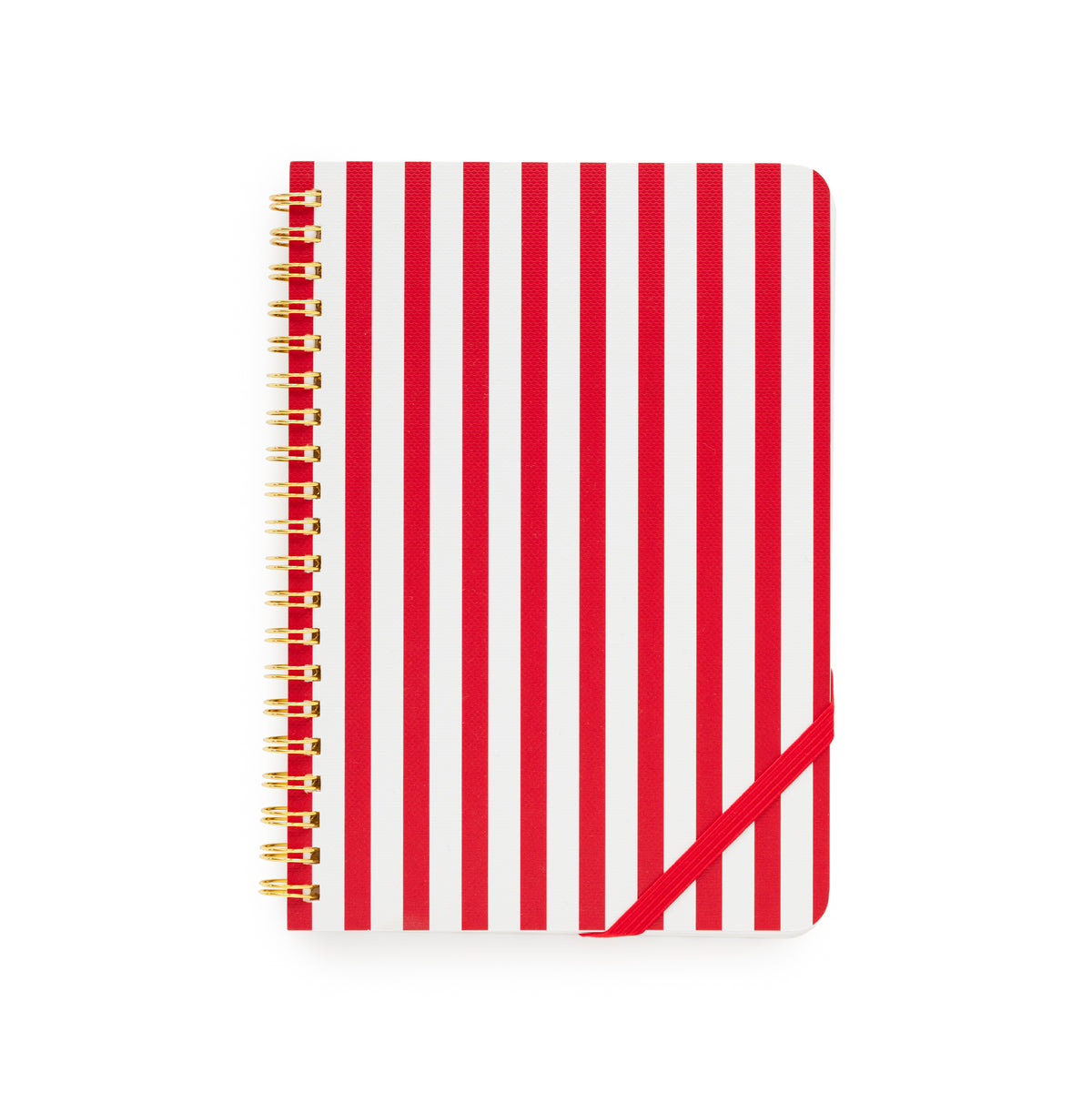 Red and white striped mini notebook with a red elastic bound with a gold spiral