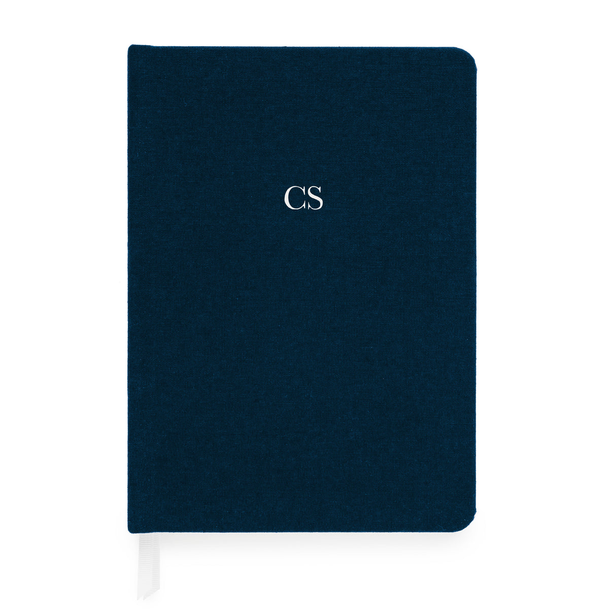 tailored navy journal with white foil monogram
