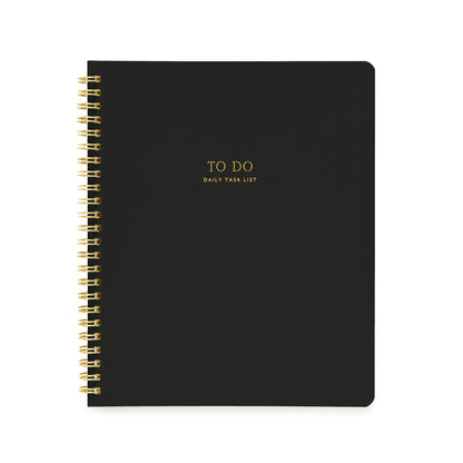 Black spiral notebook with gold foil to do daily task list foil stamped