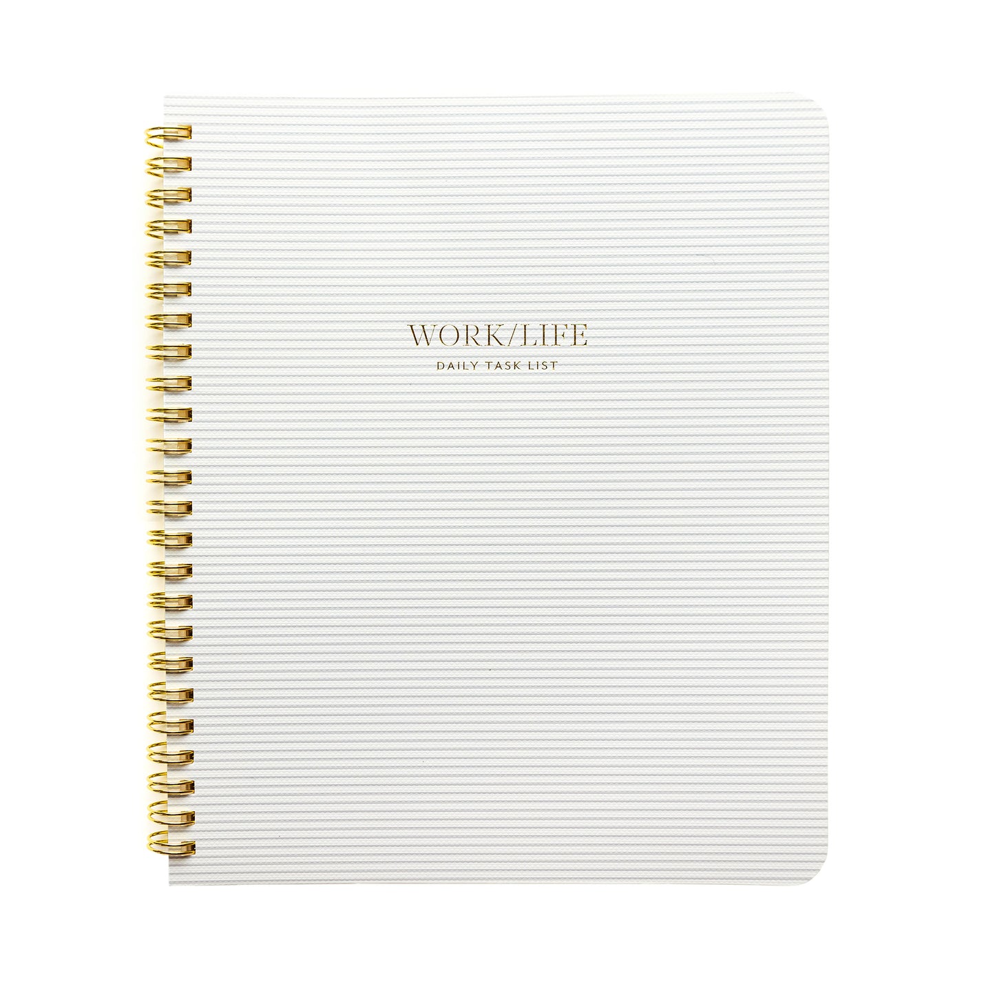 grey stripe work/life notebook with gold text and spiral