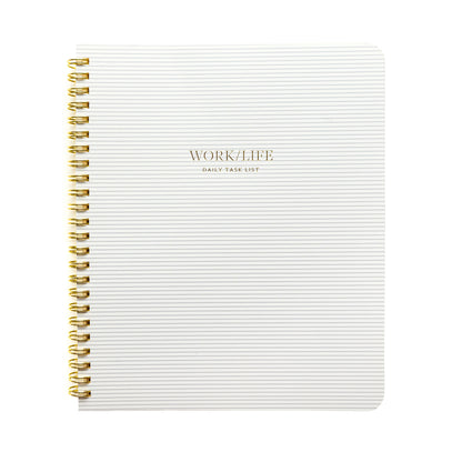 grey stripe work/life notebook with gold text and spiral