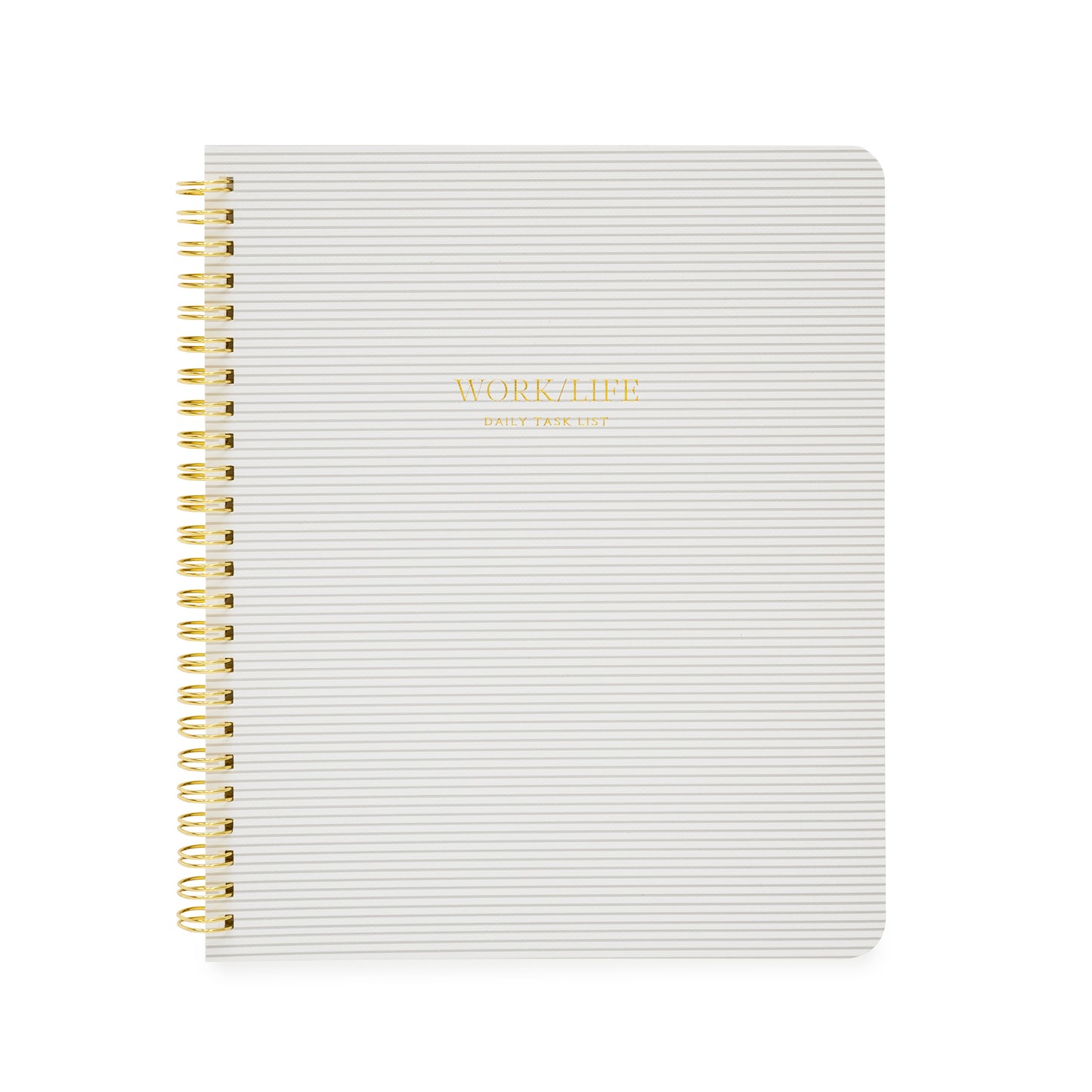 Grey stripe spiral notebook with work/life daily task list in gold foil on cover