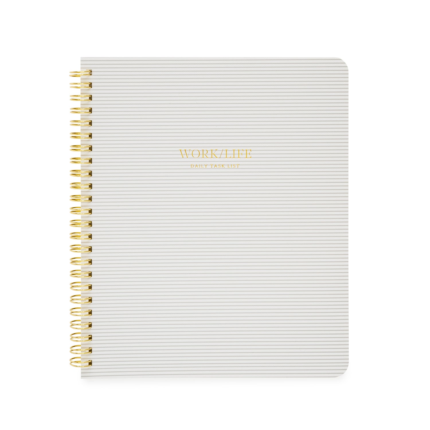 Grey stripe spiral notebook with work/life daily task list in gold foil on cover}