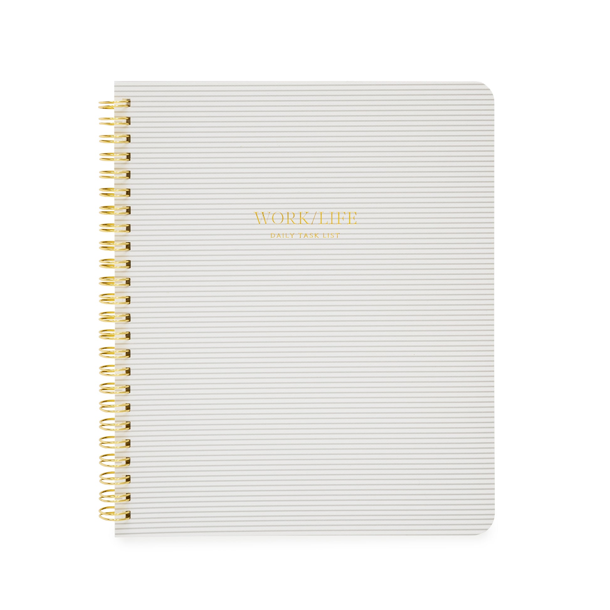 Grey stripe spiral notebook with work/life daily task list in gold foil on cover