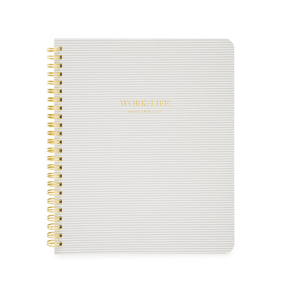 Grey stripe spiral notebook with work/life daily task list in gold foil on cover