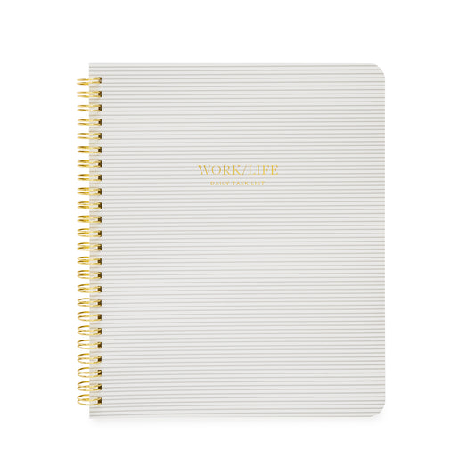 Grey stripe spiral notebook with work/life daily task list in gold foil on cover