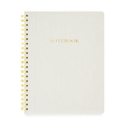 Grey stripe spiral notebook with gold spiral and gold foil notebook printed on cover