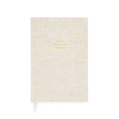 Flax gratitude journal printed with daily gratitude journal in gold foil