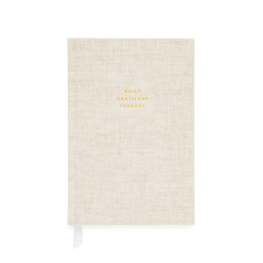 Flax gratitude journal printed with daily gratitude journal in gold foil