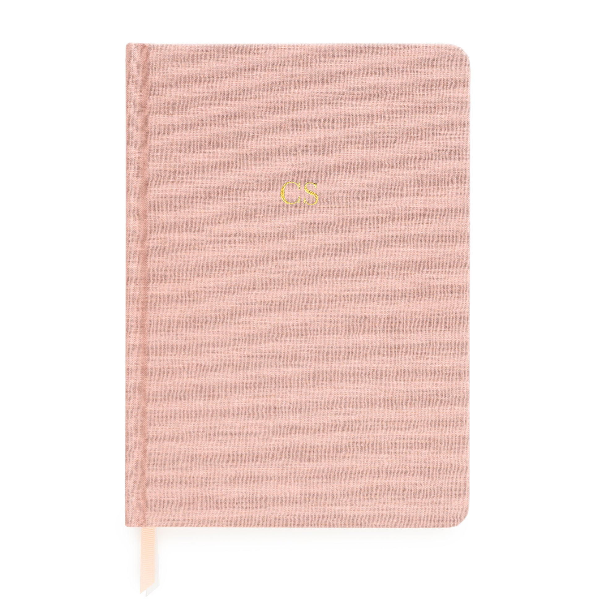 Rose linen journal with pink and white ribbon markers foil stamped with gold foil initials
