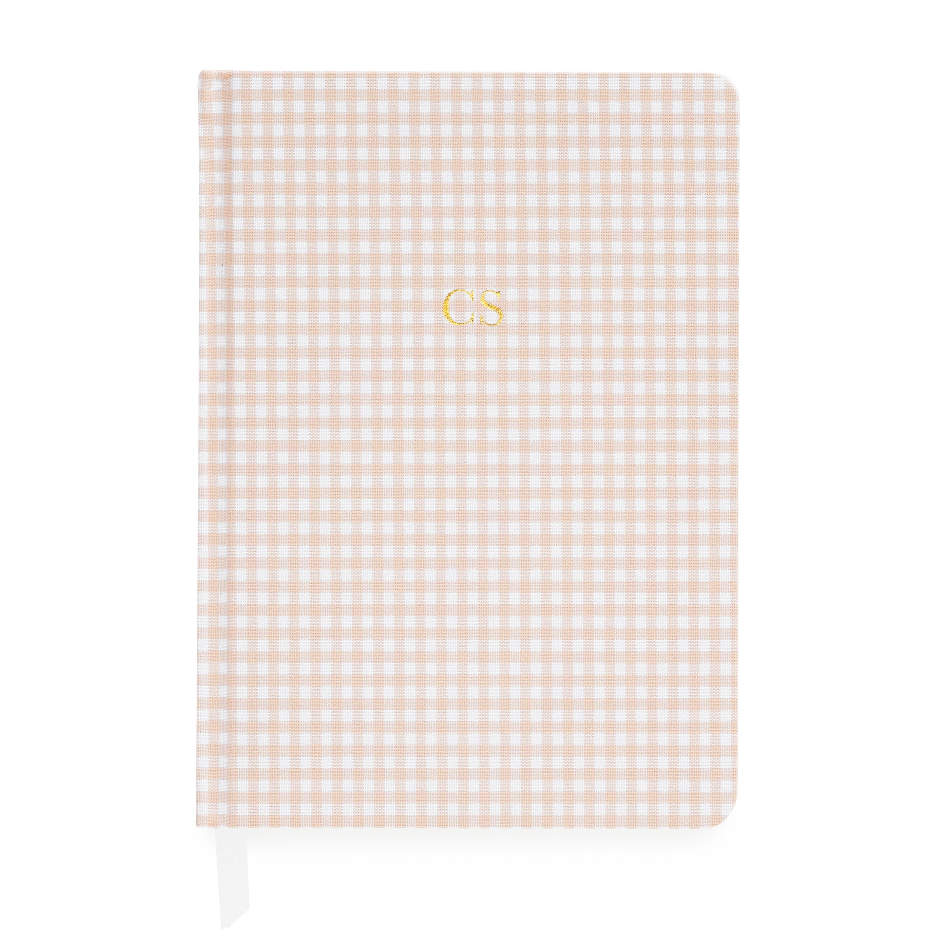 Pink and white gingham journal with gold foil initials and white ribbon markers