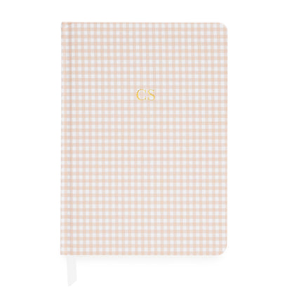 Pink and white gingham journal with gold foil initials and white ribbon markers