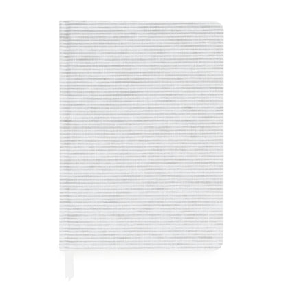 Grey stripe fabric journal with double white ribbon marker