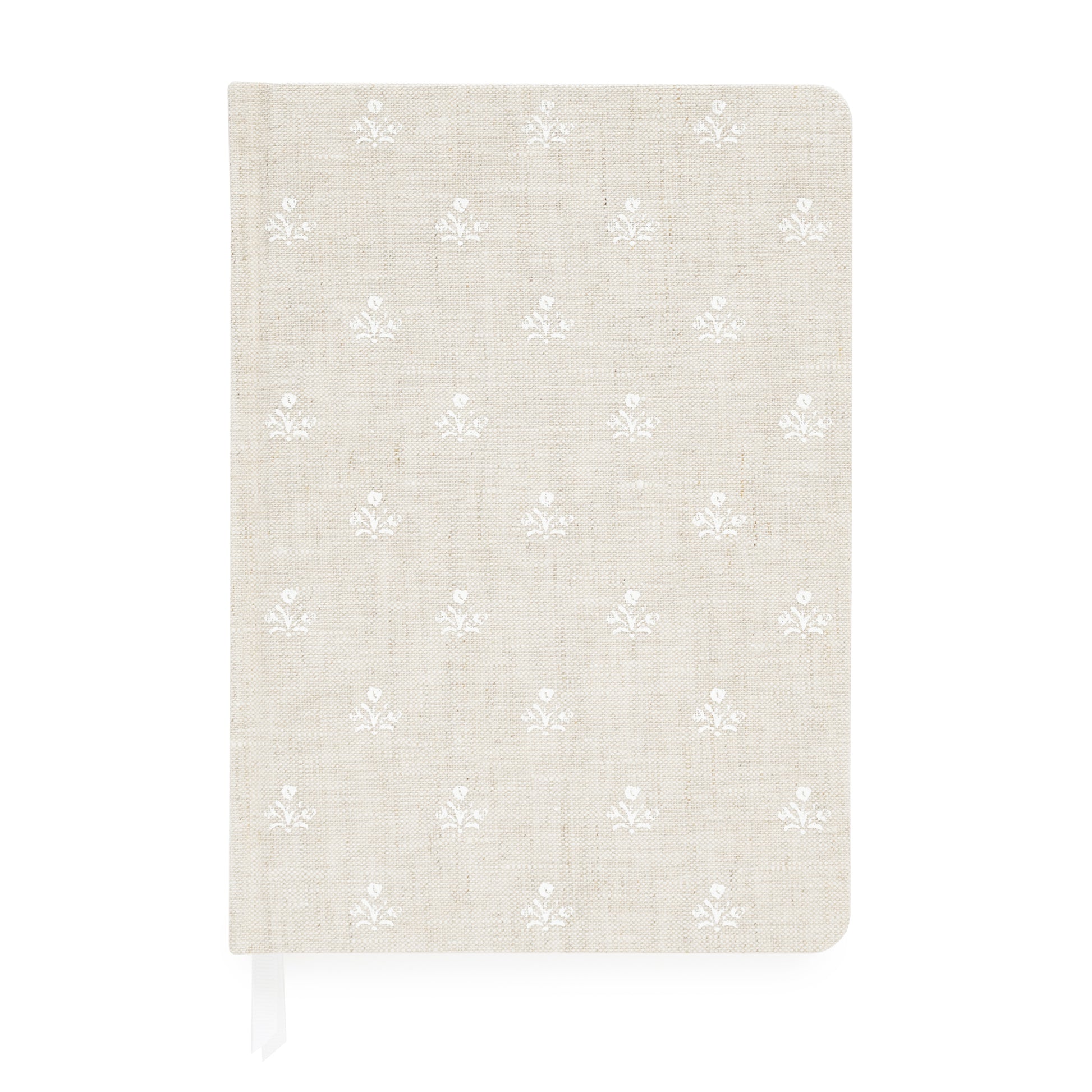 Flax fabric journal with white flowers and white ribbon markers