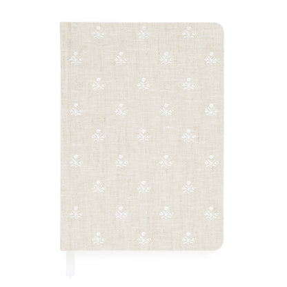 Flax fabric journal with white flowers and white ribbon markers