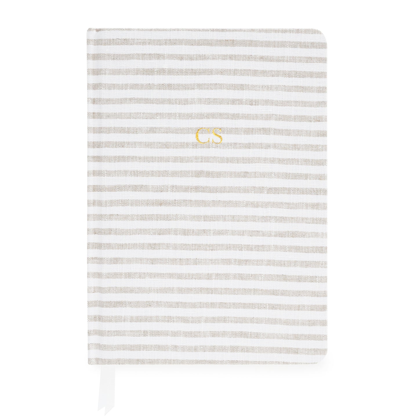 Beige and white striped journal with gold foil initials