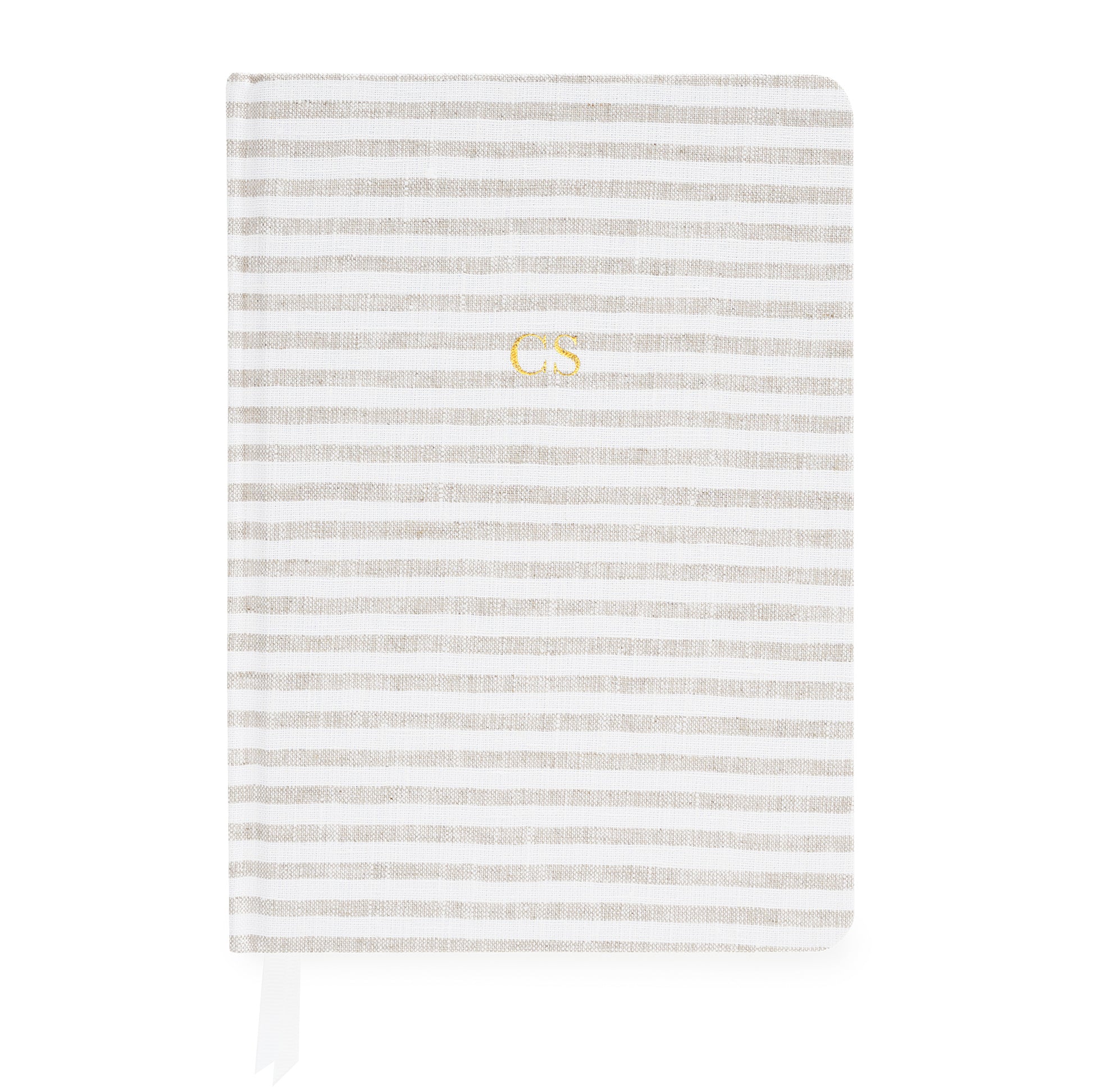 Beige and white striped journal with gold foil initials