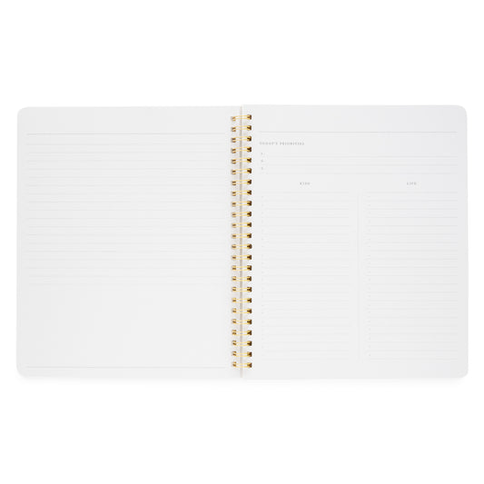 Interior of mom/life notebook with today's priorities, kids, and life lists