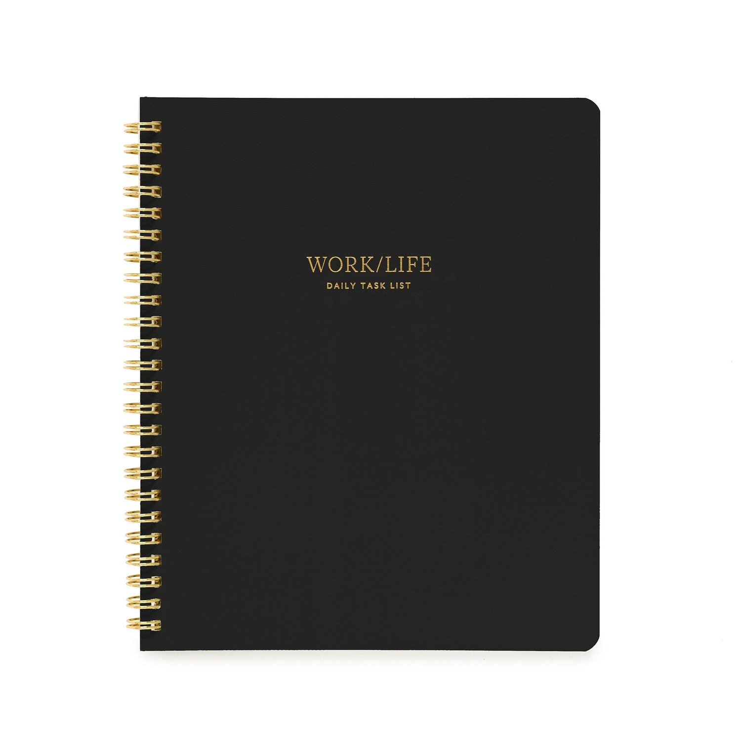 Black notebook with 'Work/Life Daily Task List' in gold foil}