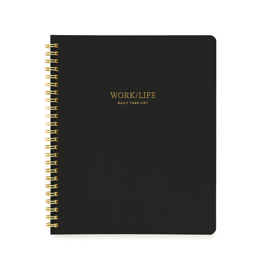 Black notebook with 'Work/Life Daily Task List' in gold foil