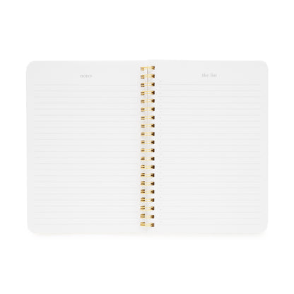 interior of mini stripe notebook with notes on the left and the list on the right
