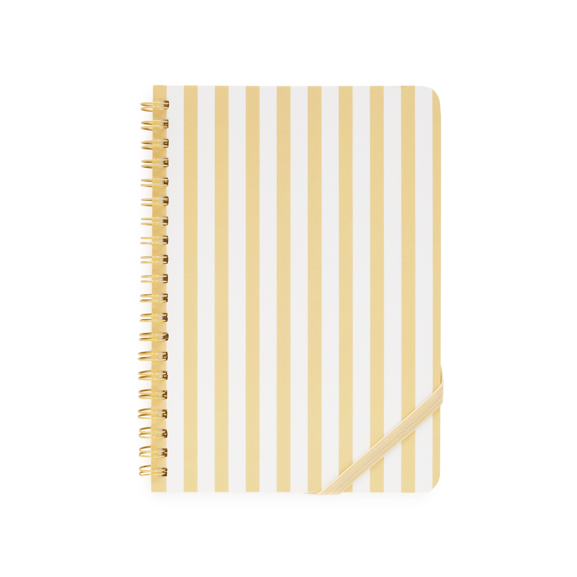 Notebook with yellow and white striped cover and gold spiral binding