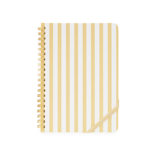Notebook with yellow and white striped cover and gold spiral binding
