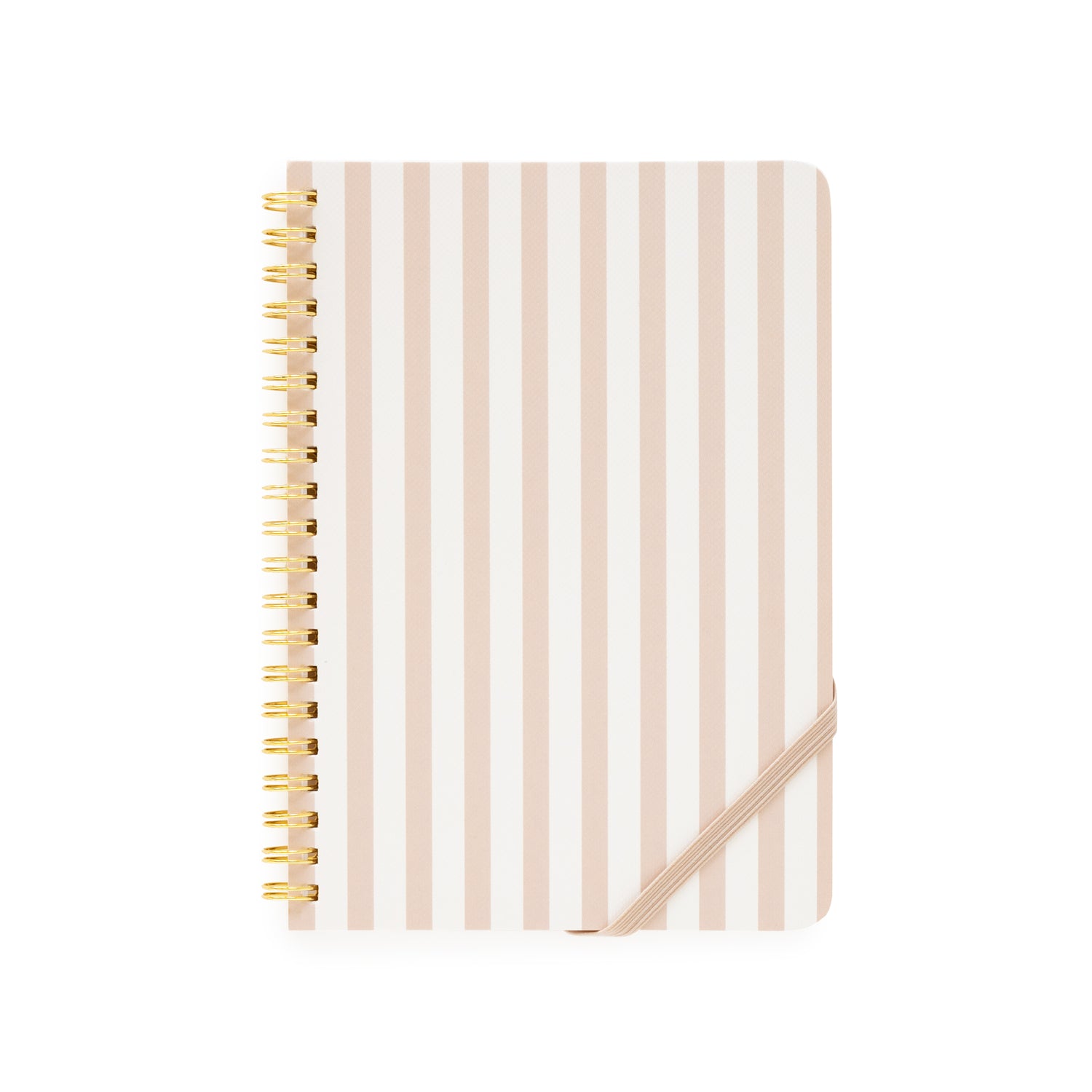 Notebook with blush and white striped cover and gold spiral binding}