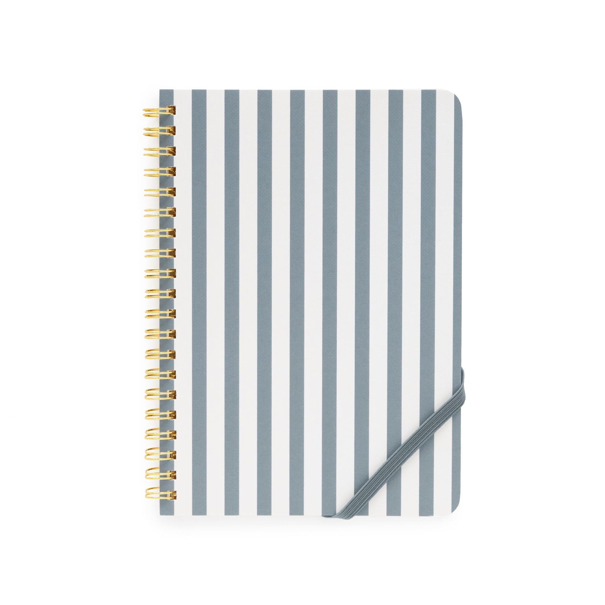 Notebook with blue and white striped cover and gold spiral binding on a white background