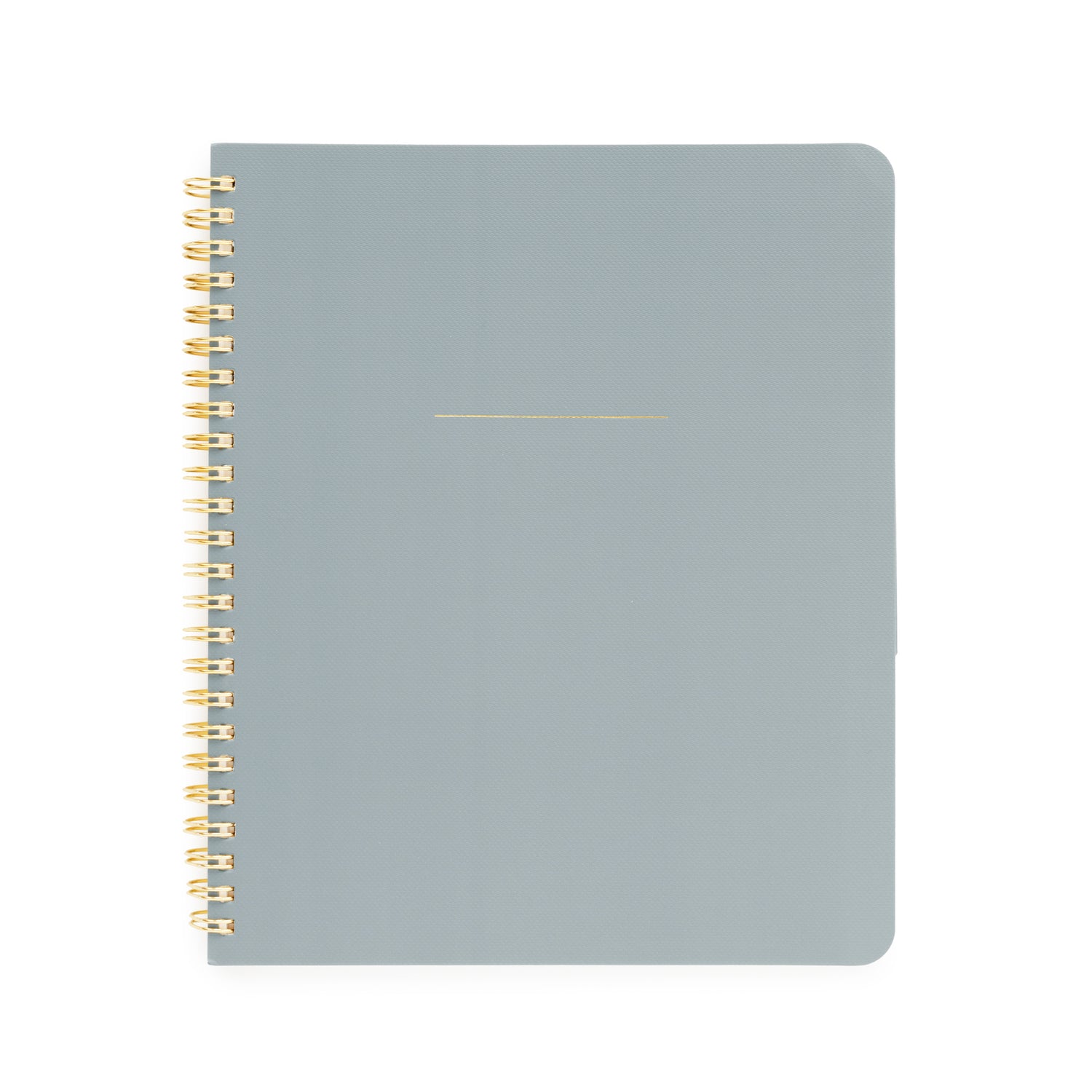 Dusty blue notebook with gold spiral binding}